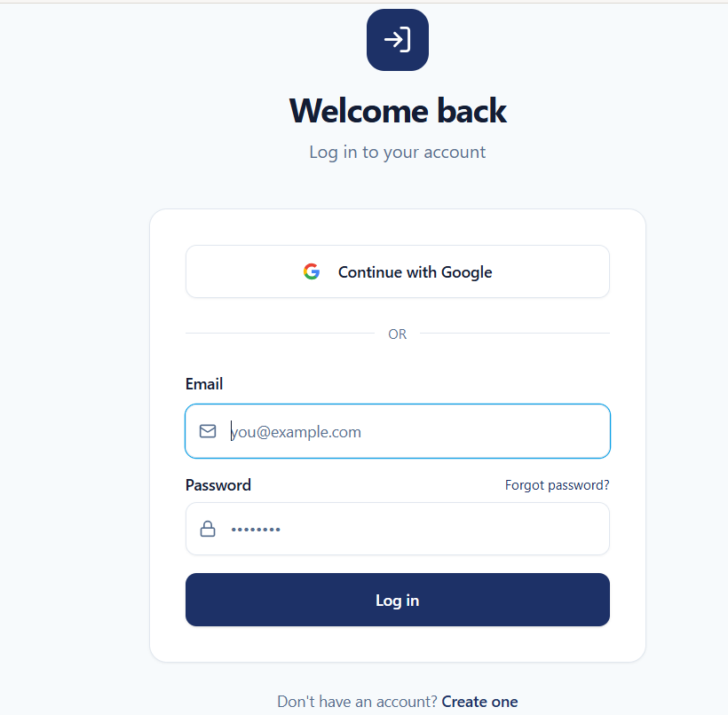 מסך התחברות עם כפתור Continue with Google, שדות אימייל וסיסמה וכפתור Log in על רקע לבן-כחול.