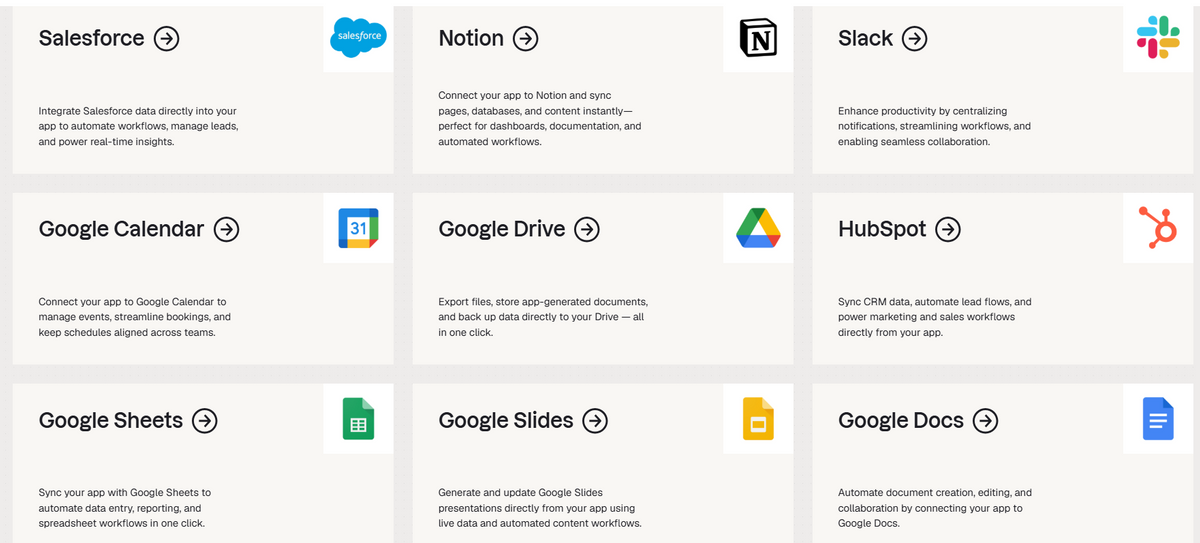 גריד של כרטיסי אינטגרציה עם לוגואים ושמות: Salesforce, Notion, Slack, Google Calendar, Drive, Sheets, Slides, Docs ו-HubSpot.
