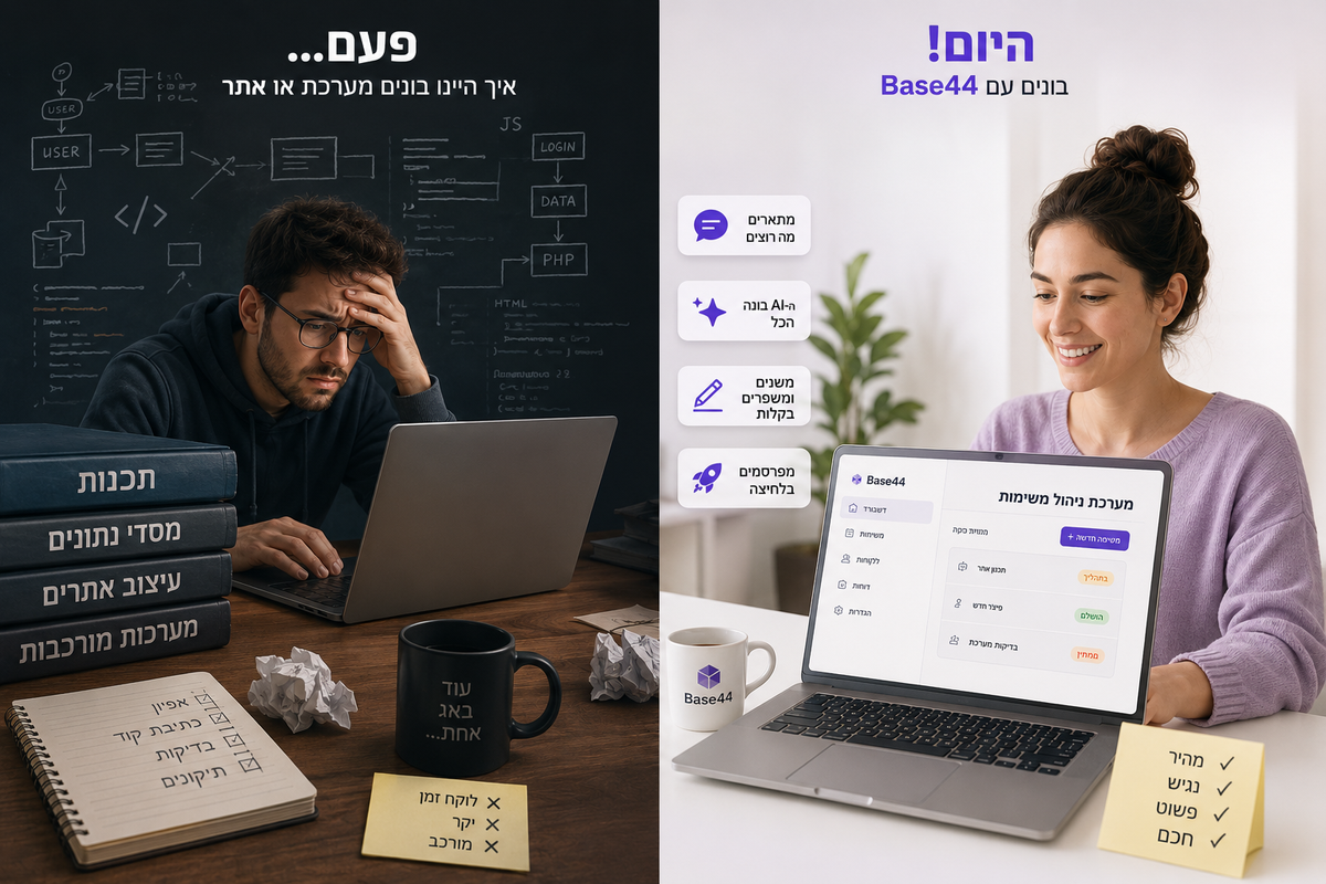 תמונה חצויה: מפתח לחוץ מול לוח קוד, ולצדו אישה מחייכת עם מחשב Base44 וממשק ניהול משימות.