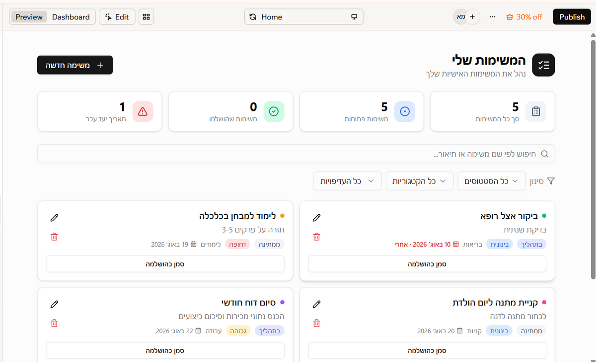 לוח משימות בעברית עם כרטיסי משימות, חיפוש וסינון, כפתורי עריכה ומחיקה וכפתור פרסום בראש המסך.