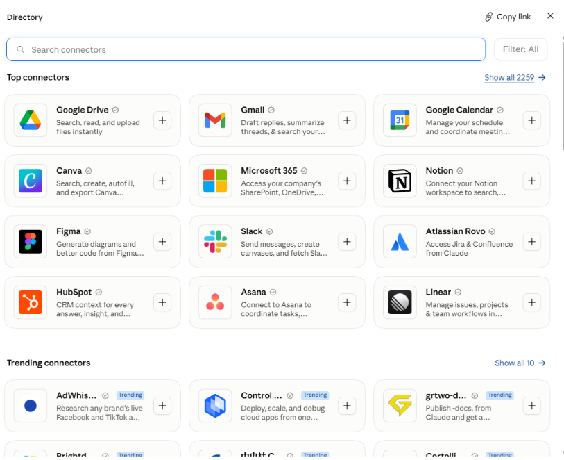 מסך Directory עם שדה חיפוש ורשימת מחברים כמו Google Drive, Gmail, Slack ו-Notion ברשת כרטיסים לבנה.