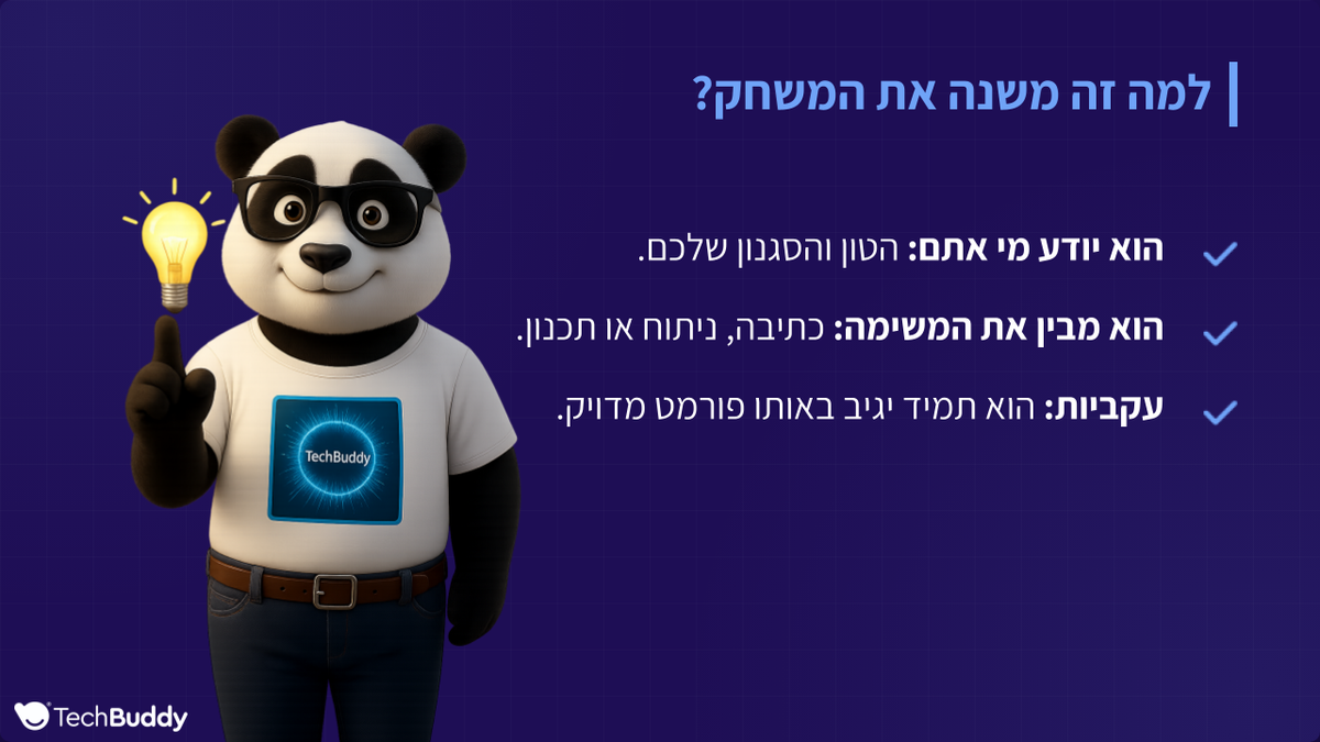 פנדה עם משקפיים מחזיק נורה על רקע סגול, לצד טקסט בעברית על למה זה משנה את המשחק ו-TechBuddy.