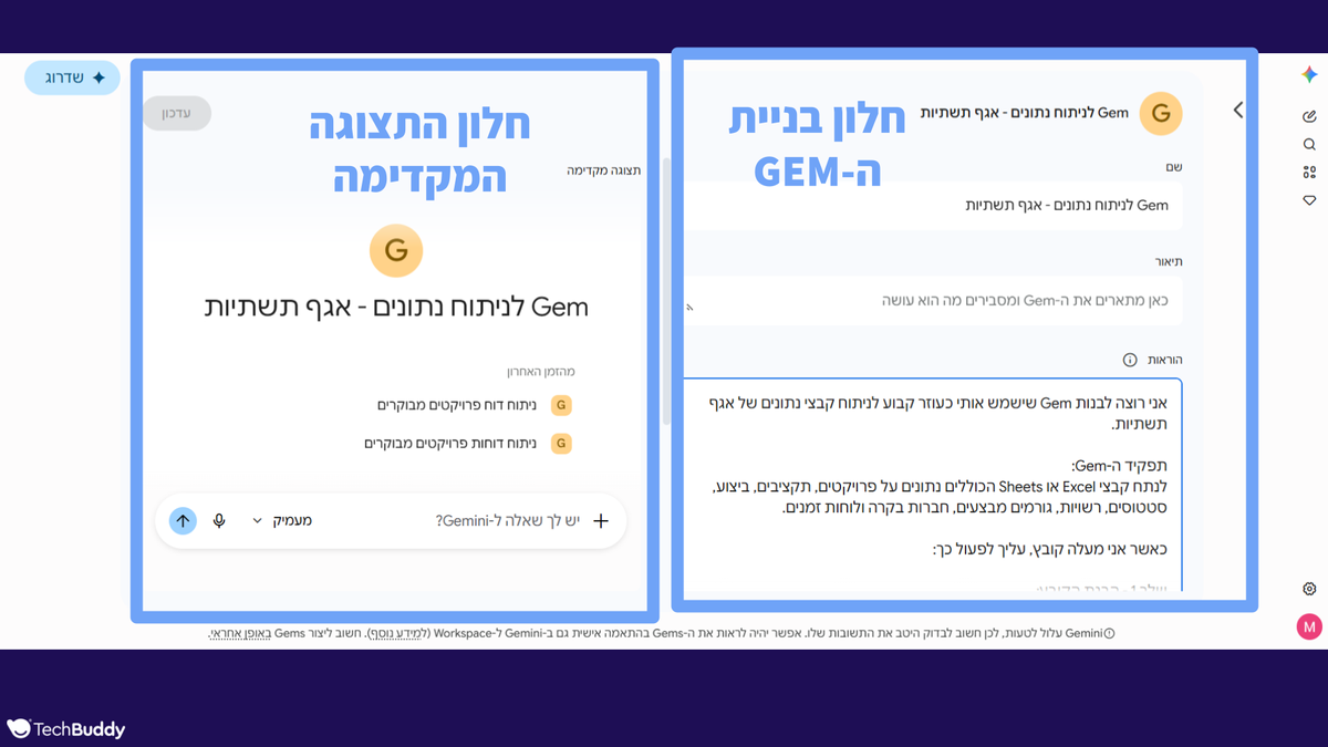 צילום מסך של Gemini בעברית, עם חלון תצוגה מקדימה ופאנל Gem לניתוח נתונים, טקסטים וכפתורי עריכה.