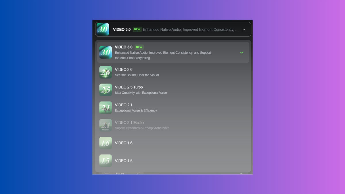 User interface showing a list of videos from 3.0 to 1.5, with features like enhanced audio and creativity, on a blue to purple gradient background.