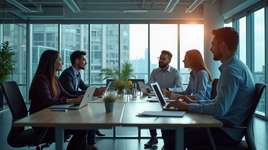 High angle view of a modern office with employees engaged in digital training