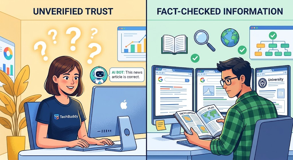 איור חצוי: אישה מול מחשב עם סימני שאלה ו-AI BOT ב-UNVERIFIED TRUST; גבר בודק מידע עם ספרים ומסכים ב-FACT-CHECKED INFORMATION