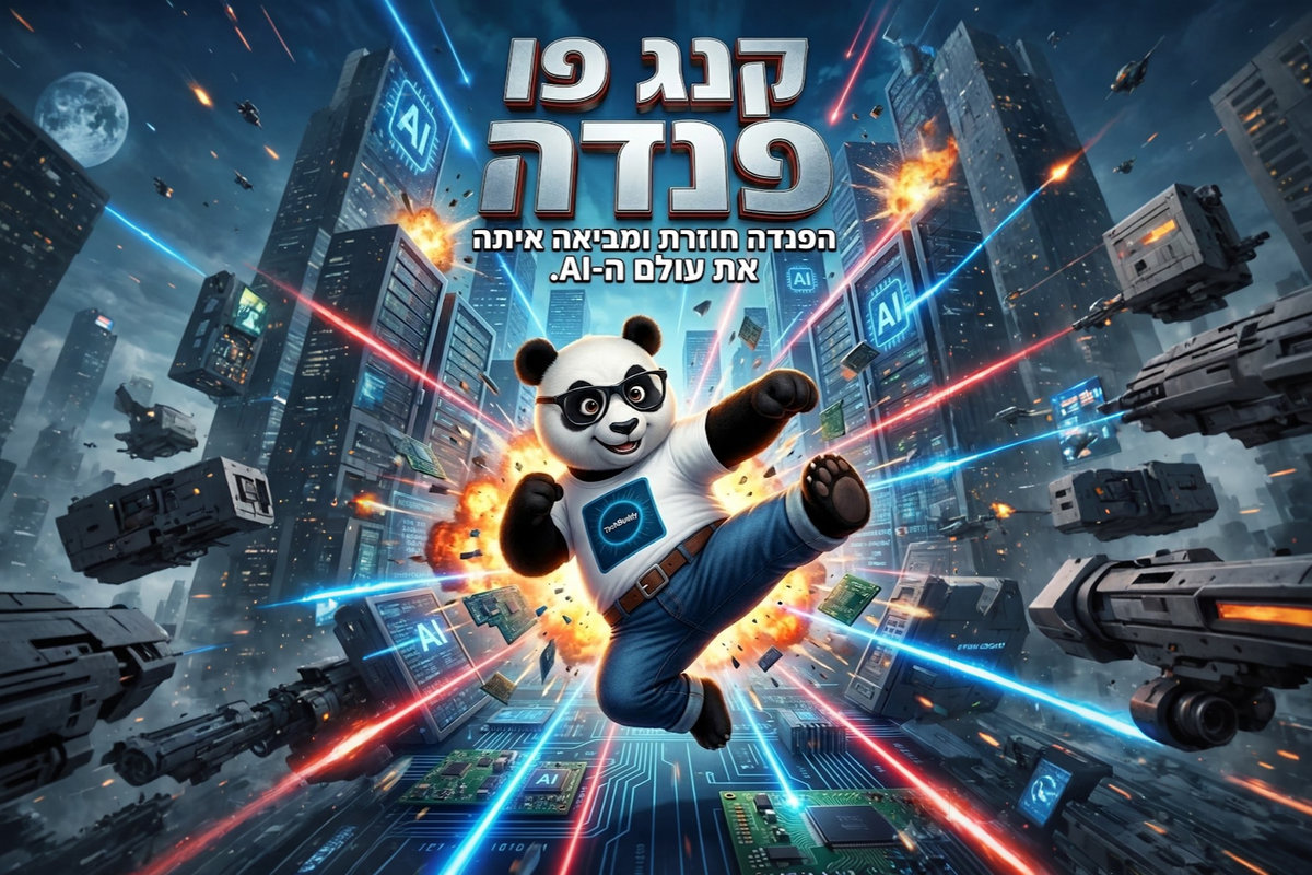 A panda wearing glasses and a T-shirt is flying through a futuristic city, surrounded by AI-themed graphics, with neon lights and explosions in the background.