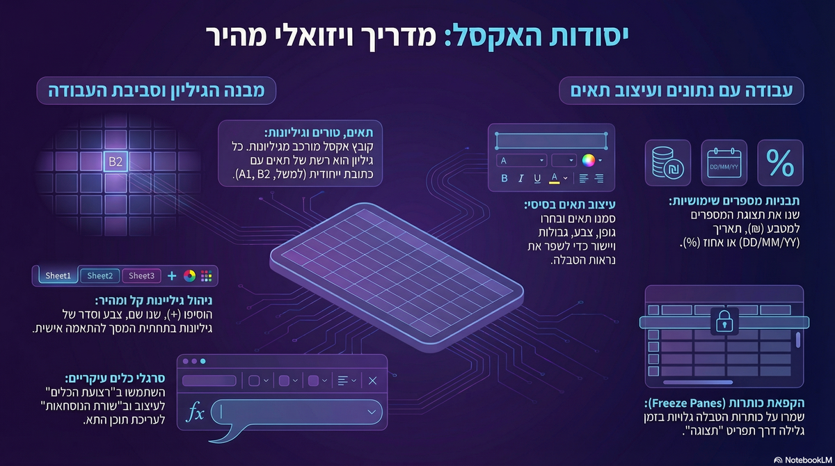 Infographic on Excel basics in Hebrew. Features grid visuals, icons for sheets, cells, and formatting, with neon colors on a dark background.