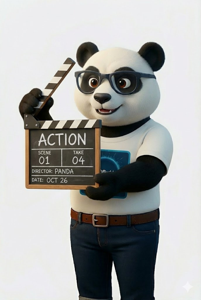 A panda wearing glasses holds a film clapperboard reading "ACTION." The panda is smiling, wearing a white shirt, set against a plain backdrop.