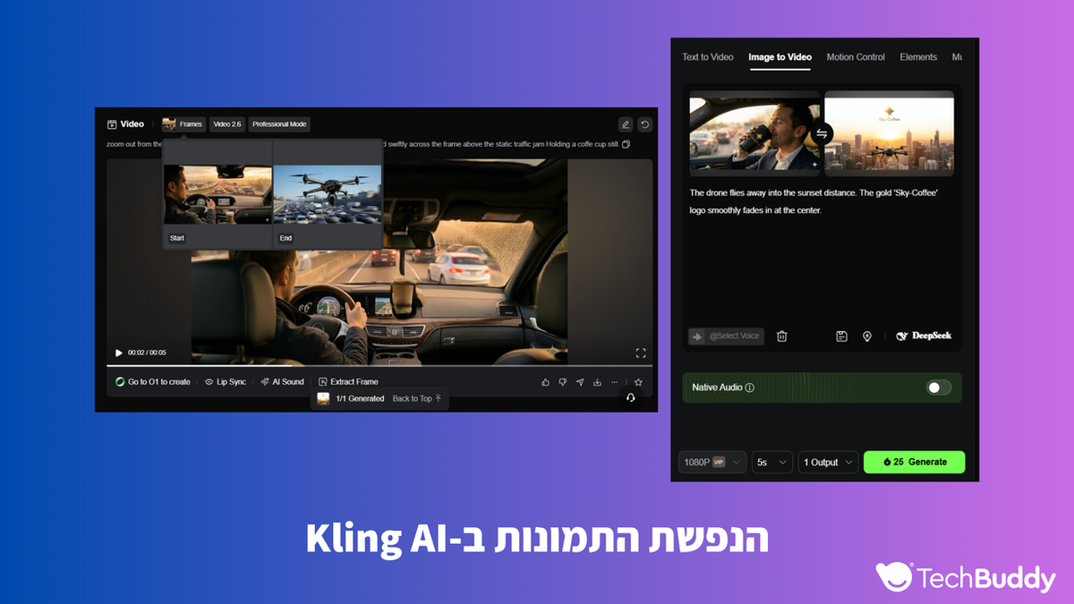 Interior of a car with driver, video editing interface on screen. Drone and "Sky-Coffee" logo visible. Gradient background, Hebrew text below.