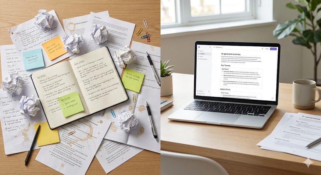 Desk with scattered papers, crumpled notes, and coffee stains on the left; laptop displaying AI summary beside plant and mug on the right.