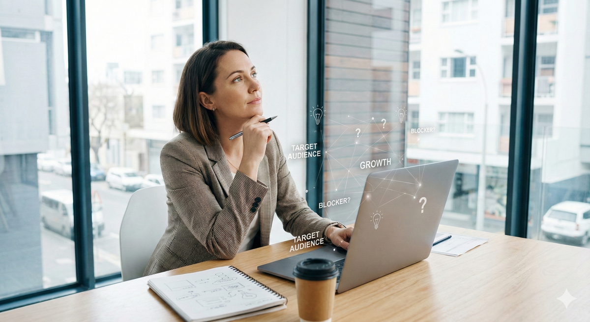 Woman in beige blazer, pondering with pen, at desk with laptop and notebook. Text: TARGET AUDIENCE, GROWTH. Bright office view.