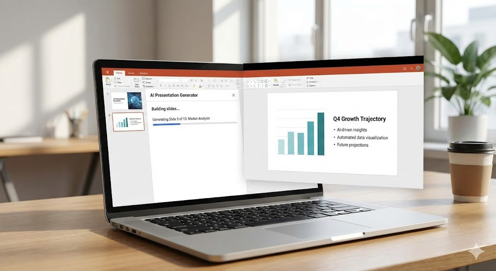 Laptop on a desk showing a presentation in progress, titled "AI Presentation Generator." Text on slide: "Q4 Growth Trajectory." Bright room.