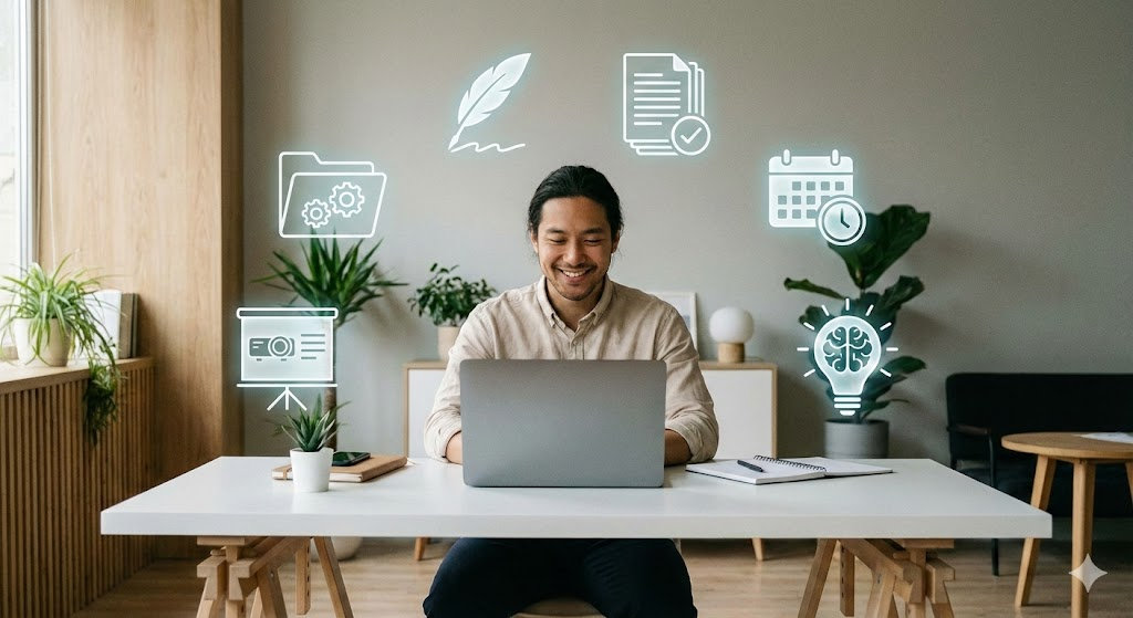 Man smiling at laptop in home office, surrounded by icons of a calendar, document, and lightbulb. Plants and wooden decor create a calm mood.