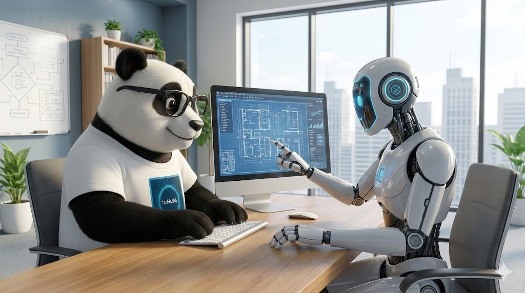Panda and robot collaborate at a desk, viewing blueprints on a monitor. Panda wears glasses, and the room overlooks city buildings.